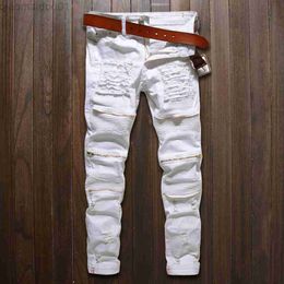 Men's Jeans Skinny jeans men White Ripped Knee zipper Fashion Casual Slim fit Biker jeans Hip hop destroy Stretch Denim pants Motorcycle L230724