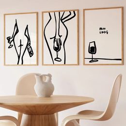Abstract Minimalist Women Wine Posters Wall Art Line Drawing Canvas Painting Art Print Black And White Picture Living Room Decor w06