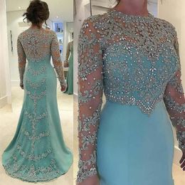 Light Sky Blue Plus Size Mermaid Mother of Bride Dresses Long Sleeves Beads Sequined Lace Applique Formal Dress Evening Robes de f239Q