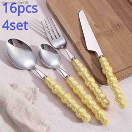 16-Piece 304 Stainless Steel Knife Fork and Spoon Set - Stylish Pearl Ceramic Handles Exquisite Tableware Collection L230704