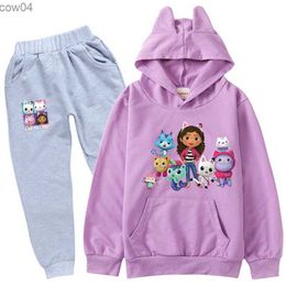 Spring/Autumn Tracksuit Gabbys Dollhouse Clothing Suit Child Pullover Hoodie Tops+Pants Set Anime Cat Kids Boy Girl Clothes L230625