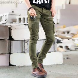 Men's Jeans Men's Jeans Green Denim Biker Jeans Skinny New Runway Distressed Slim Elastic Homme Hip Hop Military Motorcycle Cargo Pants L230724