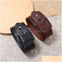 Bangle Punk Black Wide Leather Bracelet Cuff Exotic Wristband For Men Fashion Jewellery Drop Delivery Bracelets Dh7Hf