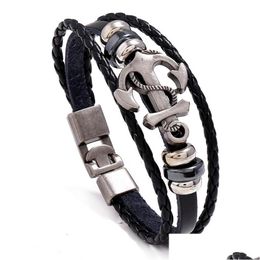 Charm Bracelets Mtilayer Men Casual Fashion Braided Leather For Women Wood Bead Bracelet Punk Rock Jewellery Drop Delivery