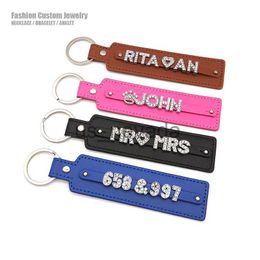 Keychains Lanyards Unique Pu Leather Custom Rhinestone Letters Name Number Key Chains Adjustable Personalised Products Car Keyring Key Holder Gifts J230724