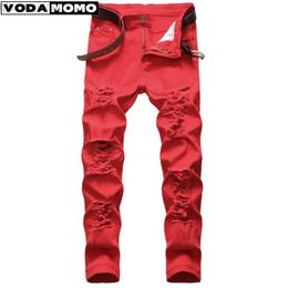 Men's Jeans 2023 High Quality Men's ripped casual jeans fake double trousers small feet Fit Hole Pencil Pants Biker Trousers Streetwear y2k L230724