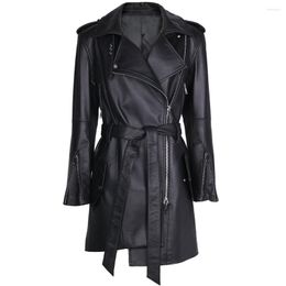 Women's Leather YOLOAgain Genuine Jacket Women Black Trench Coat With Belt Outerwear Ladies