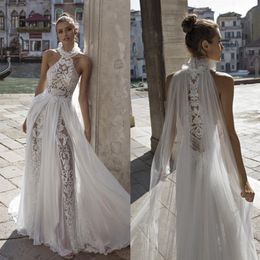 Fashion Bohemian Lace Wedding Dresses Halter Neck Boho Bridal Gowns Floor Length Beach Chiffon A Line Vestidos De Novia283W