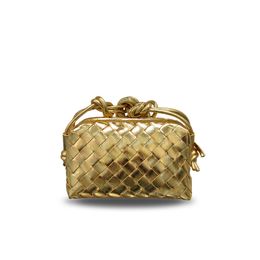 Designer's Street Style Choice: Square Woven Cloud Bag - Genuine Leather, Korean Style, Fashionable Hand Carry, Shoulder or Crossbody Bag for Women, Pillow Shape gold