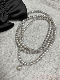 Fashion Hemp Silver Grey Strong Light Pearl Various Wearing Methods Light Luxury French Long Double-Layer Necklace Sweater Chain Niche