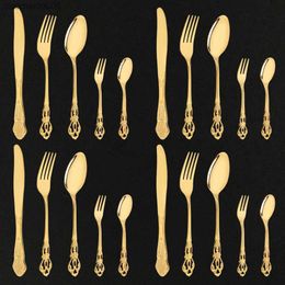 Vintage Western Mirror Gold Cutlery Tableware Set 20Pcs Dining Flatware Knife Cake Fork Teaspoon Luxury Dinnerware Set Engraving L230704
