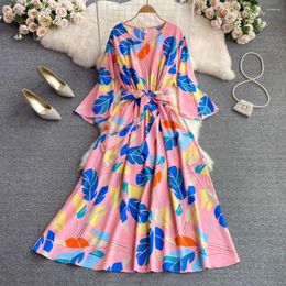 Casual Dresses Summer Maxi For Women Flared Sleeve O-neck A-line Ladies Dress Elegant Lace-up Female Long Vestidos Drop