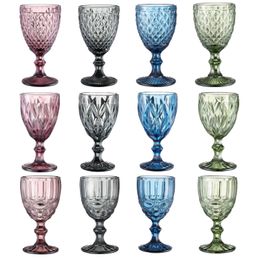 10Oz Wine Glasses Cup Colored Glass Goblet With Stem 240Ml Vintage Pattern Emed Romantic Drinkware 4 Colors For Party Wedding Birthday Festival 417