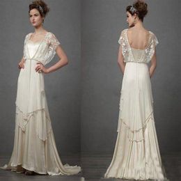 Vintage Ivory 1920s Wedding Dresses with Sleeves Catherine Deane Lita Modest Fairy Lace Chiffon V-neck Full Length 2019 Bridal Gow264f