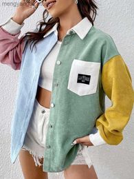 Women's Jackets Women Colorblock Drop Shoulder Letter Patched Corduroy Coat Autumn Shirts Jacket Button Loose Fit Long Sleeve Top Casual T230724