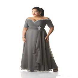 Grey Mother of the Bride Dresses Plus Size Off the Shoulder Cheap Chiffon Prom Party Gowns Long Mother Groom Dresses Wear2669