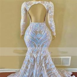 Black Girls Sexy Prom Dresses Sequined Lace Long Sleeves Backless ruffles sweep train Mermaid African Evening Dress Wear robes de 233T