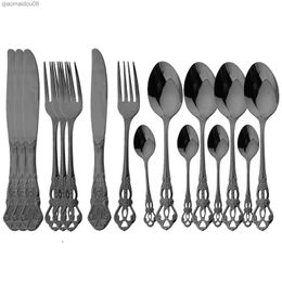 16Pcs Cutlery Set Vintage Dinner Dinnerware Table Fork Knife Spoon Stainless Steel Tableware Black Flatware Sets Western Kitchen L230704