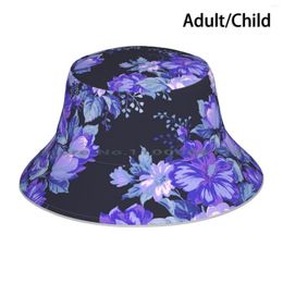 Berets Midnight Floral Pattern Bucket Hat Sun Cap Bloom Purple Blue Dark Summer Roses Pretty Flower