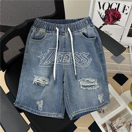 Men's Shorts High Street Vintage Perforated Denim Summer Fashion Brand Large Embroidered Pants Loose Casual Capris