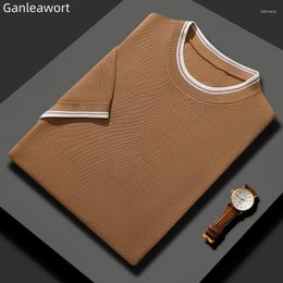 Men's T Shirts Round Neck Short Sleeve Tshirt 2023 Summer Silkworm Fabric Knitwear Solid Colour Spliced Loose Size Business Casual Top