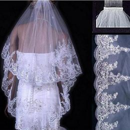 Bridal Sequined Veil 2 layers Lace Edge with Combed Veil White Ivory Wedding Veils Tulle Velos De Novia Bridal Hair Accessories Ch247H