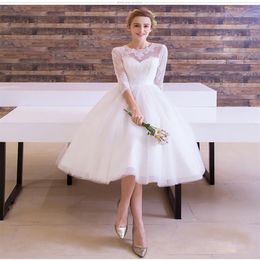 Short Wedding Dresses 2019 Lace Applique Beach Holiday 3 4 Sleeve Elegant Bohemian Garden Cheap Bridal Dress Sheer Neck Tea-length221b