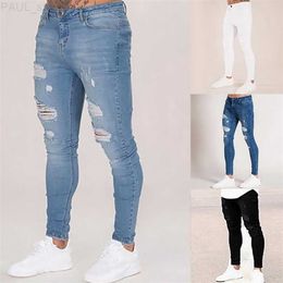 Men's Pencil Elastic Sweatpants Men Fit Solid Ripped Denim Harem Casual Black Blue White Destroyed Jeans Pants 220706 L230724