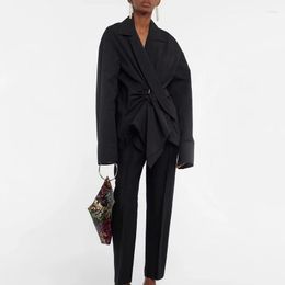 Women's Suits 2023 Fall Deconstructed Design Asymmetric Pleated Pin Lapel Black Fashion Casual Jacket Waist Shirt Ladies Suit Y2k