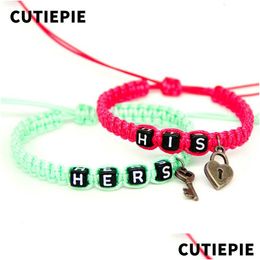 Charm Bracelets 2Pcs/Pair Couple Rose His And Green Hers With Key Lock Rope Chains Lovers Gifts Boyfriend Girlfriend Bracelet Drop Del Dhekn
