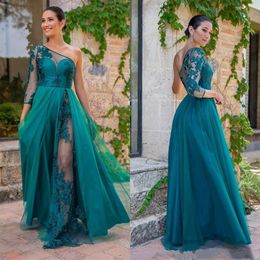 Turquoise Lace One Shoulder Evening Dress 3 4 Long Sleeve Sheer Neck High Slit Elegant 2020 New Prom Party Gown Custom Size234Z