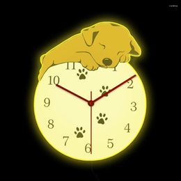 Wall Clocks Sleeping Cartoon Dog LED Lighted Clock For Nursury Kid Room Puppy Taking A Snap Home Decor Luminous Bedside Lamp