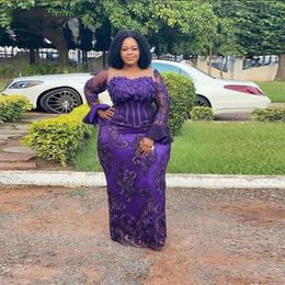 Purple Plus Size Mother Of The Bride Dress Aso Ebi African Lace Appliques Sheer Neck Long Sleeves Evening Gowns Floor Length Robe 217K