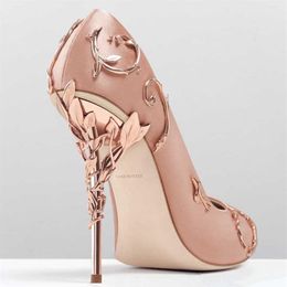 Pearl Pink rose gold Stain Gold Leaves Bridal Wedding Shoes Modest Fashion Eden High Heel Women Party Evening Party Dress Shoes221B
