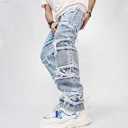 Men's Jeans 2023 Stylish Men Streetwear Loose Ripped straight slim fit Jeans Trousers Hip hop Male Holes Solid Casual Denim Pants L230724