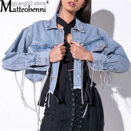 Women's Jackets 2021 Fashion Sexy Back Chains Hollow Out Long Denim Jacket Spring Autumn Women Backless Ripped Hole Jeans Jacket Streetwear Coat T230724