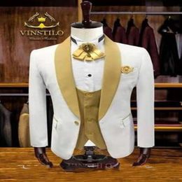 White Groom Tuxedos Gold Navy Blue Lapel Groomsman Wedding 3 Piece Suit Fashion Men Business Prom Jacket BlazerJacket Pants Tie V279u