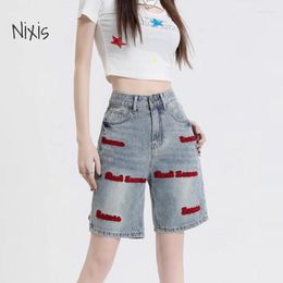 Женские джинсы, джинсовые шорты в стиле ретро с вышивкой букв, летние свободные прямые полубрюки с высокой талией, модная уличная женская одежда