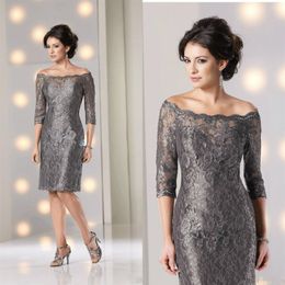 Elegant Lace Mother Of The Bride Dresses Off Shoulder Formal Evening Gowns Silver Grey Half Long Sleeves Wedding Guest Dress172Y