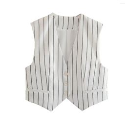 Women's Vests Pinstripe White Waistcoat Vest Women Elegant Sleeveless Jacket Chic Lady Female Clothing 2023