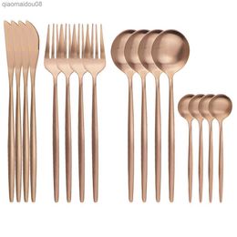 16Pcs Rose Gold Cutlery Set Knife Fork Coffee Spoons Dinnerware Set Stainless Steel Tableware Set Western Kitchen Silverware Set L230704