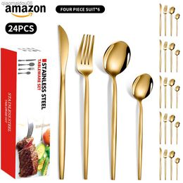 24Pcs Chopsticks Knife Fork Spoon Cutlery Set Gold Dinnerware Set Luxury Stainless Steel Flatware Korean Tableware Set L230704