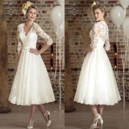 Vintage Teelange Brautkleider mit halben Ärmeln 2019 Retro V-Ausschnitt Spitze Tüll Casamento Vestidos De Kurzes Hochzeitskleid Braut 224i