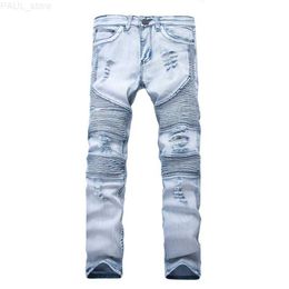 Men's Jeans clothing jeans pants slp blue/black destroyed mens slim denim straight biker skinny jean men ripped pant L230724