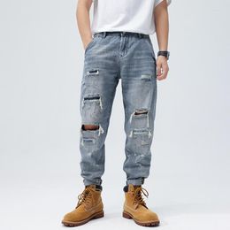 Men's Jeans Design Fashion Men Ripped Stylish Summer Autunm Streetwear Youth Striped Denim Moto Bike Long Hole Pant