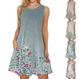 Casual Dresses Women's Summer Dress 2023 Print Round Neck Sleeveless Beach Swing Ladies Luxury Mini Vestidos