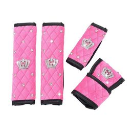 4PCS Set Car Handbrake Hand Brake Cover Gear Shift Knob Cover Auto Seat Belt Covers Crown Decor Pink Purple320Z