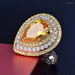 Wedding Rings Fashion Water Drop Shaped Yellow Crystal Ring Female Girl Hollowed Out Rhinestone Engagement Jewellery