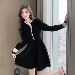 Casual Dresses Male Restoring Ancient Ways Spring Autumn Period 2023 French Lace Stitching Hubble-bubble Sleeve Waist Show Little Black