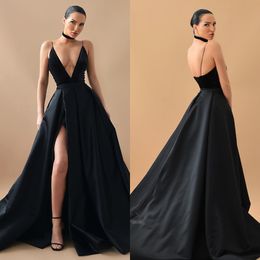 Black A Elegant Line Prom Dresses Plunging V Neck Veet Top Evening Pleats Slit Formal Long Special Ocn Party Dress eet